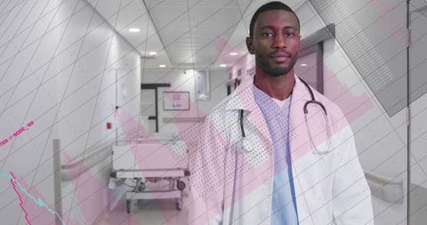 Doctor standing in hospital corridor with stethoscope and gurney, clinical data overlay