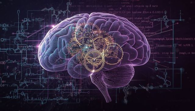 Futuristic Brain with Rotating Gears and Chemical Formulas