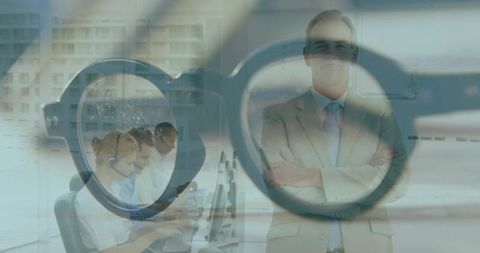 Executive supervising call center team through eyeglass overlay, framing leadership focus