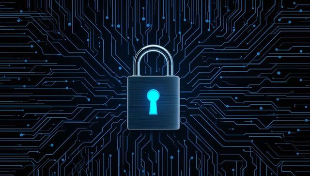 Glowing padlock on blue circuit board symbolizing network security