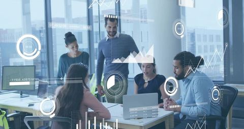 Team presenting data analytics on laptop with interactive charts and digital overlays