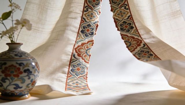 Embroidered linen panels with floral geometric trim and painted ceramic vase still life
