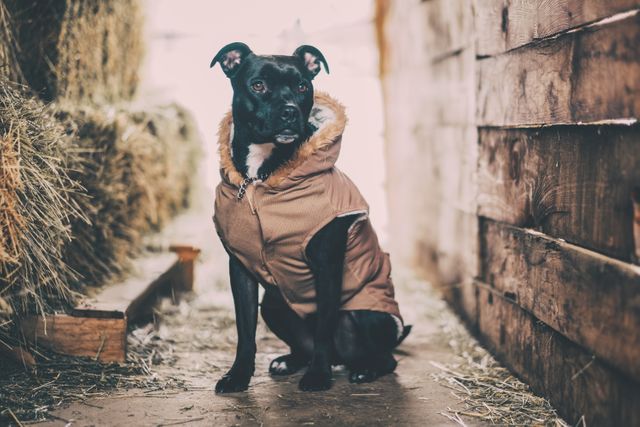 Photo captures a black dog wearing a tan coat sitting in a barn with hay bales. Suitable for use in pet care promotions, farm-themed projects, advertisements for dog clothing, or seasonal greeting cards featuring pets.