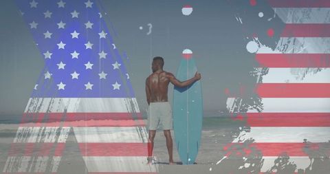 American Surf Culture: Man with Surfboard Embracing Patriotism