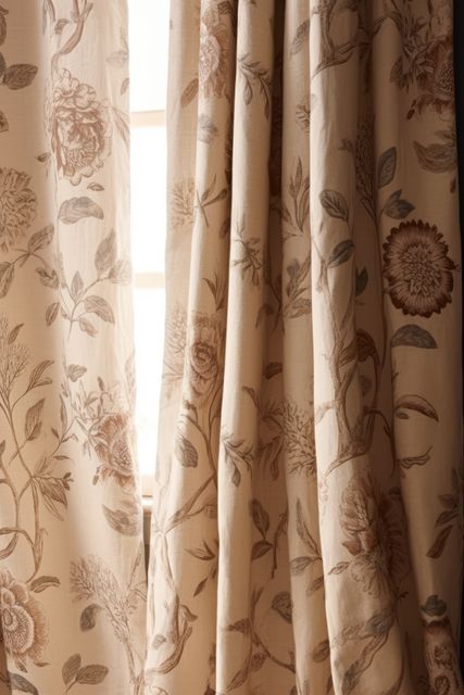 Beige curtains with a delicate floral pattern, offering an elegant touch to any room. Ideal for interior design projects, home decor inspiration, fabric and textile showcases, and lifestyle blogs.