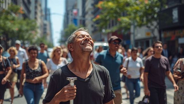 Man holding white mobility cane tilting face to sun in bustling city crowd