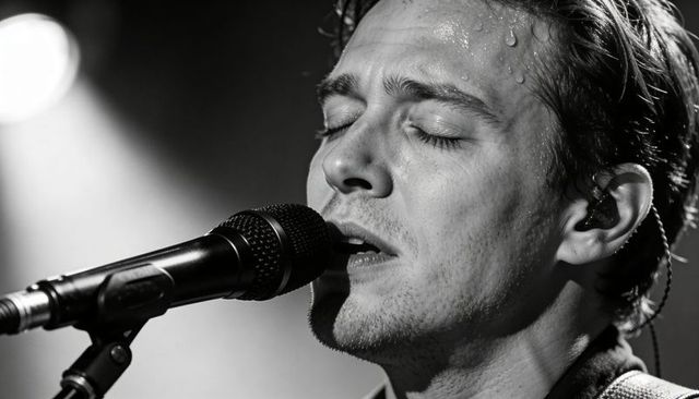 Male vocalist singing into microphone with in-ear monitor under spotlight, monochrome closeup