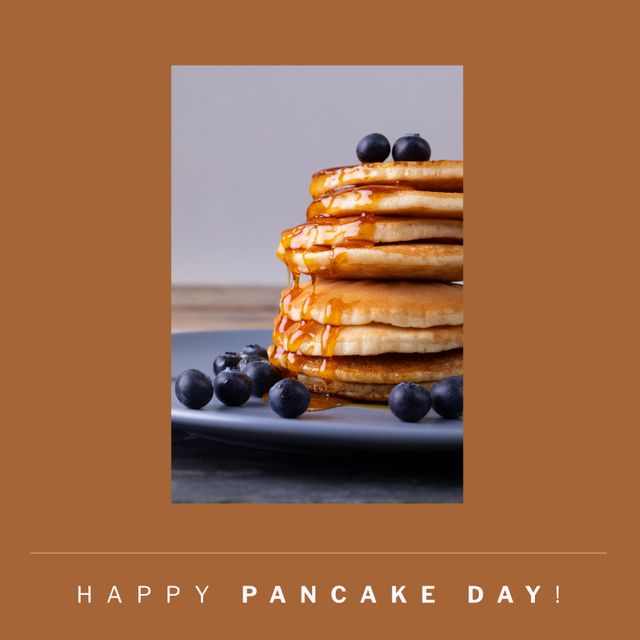 Image of pancakes with berries on plate over brown background - Download Free Stock Videos Pikwizard.com