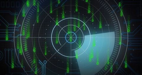 Futuristic Radar UI Scanning Falling Binary Matrix over Neon Circuit Grid Visualization