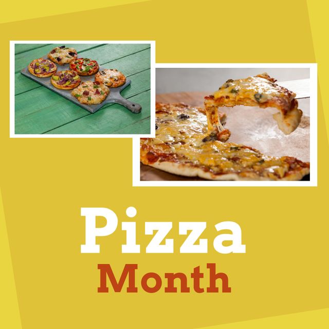 Collage featuring various pizzas including colorful vegetable toppings and cheesy slices. Ideal for promoting pizza month celebrations, food festivals, pizzerias, and culinary blogs. The yellow background and text create a festive and appetizing visual appeal.