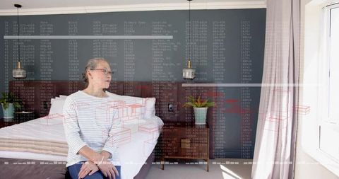 Senior chinese woman sitting by bedroom window, contemplative morning light, hud overlay