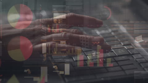Hands Typing on Keyboard with Data Analytics Overlay