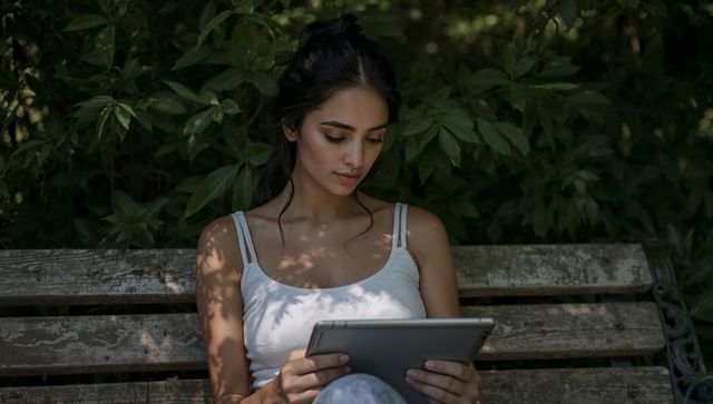 Young woman reading tablet on weathered park bench amid lush foliage with dappled sunlight