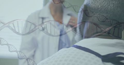 Doctor examining patient in hospital gown with dna double helix overlay