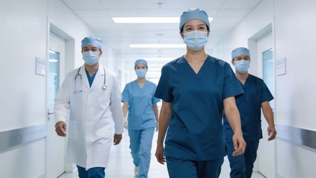Walking medical team with lead clinician in dark blue scrubs and stethoscope in corridor
