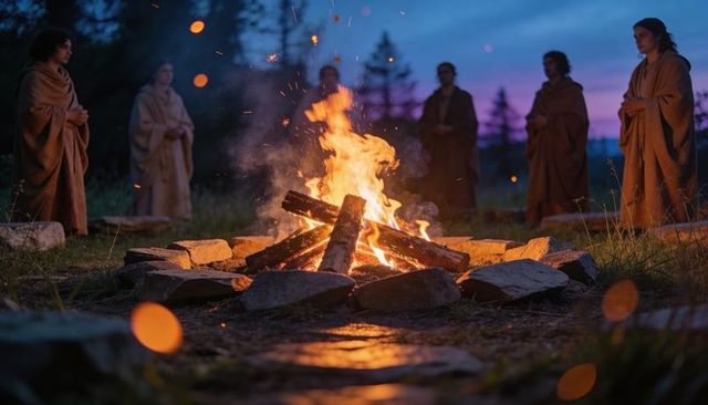 Gathering cloaked figures circling campfire at dusk in forest clearing with embers