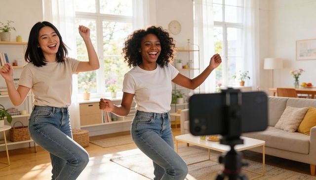 Friends dancing in sunlit living room recording social media video on smartphone tripod