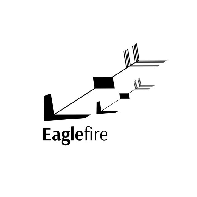 This minimalist Eaglefire logo features black text and decorative arrow elements on a clean white background. Ideal for corporate branding, marketing materials, and various graphic design needs. The modern and sleek design is suitable for presentations, business cards, websites, and promotional items.