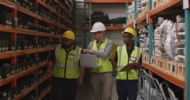 Diverse group of engineers review inventory in a warehouse. They're focused on optimizing stock levels for efficient operations.