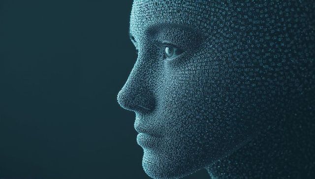 Futuristic digital humanoid profile forming from binary particles with teal lighting