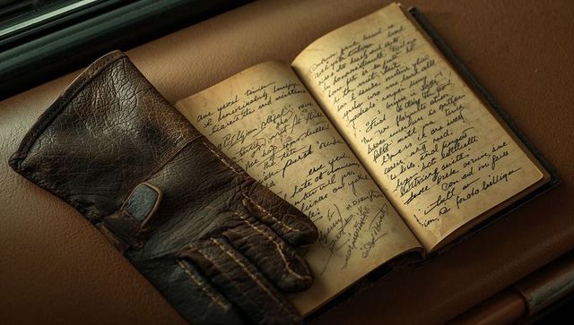 Worn Leather Glove Resting on Handwritten Travel Journal on Vintage Car Seat