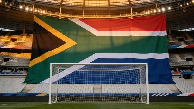 Giant south african flag draped over stadium behind football goal under stadium floodlights