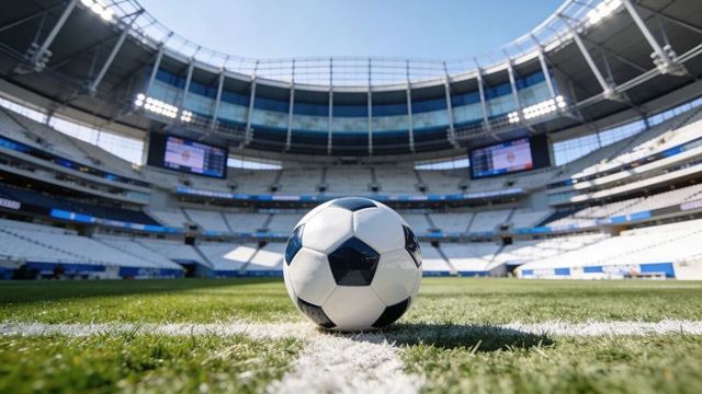 Close-up classic black-and-white soccer ball resting on center line inside modern stadium