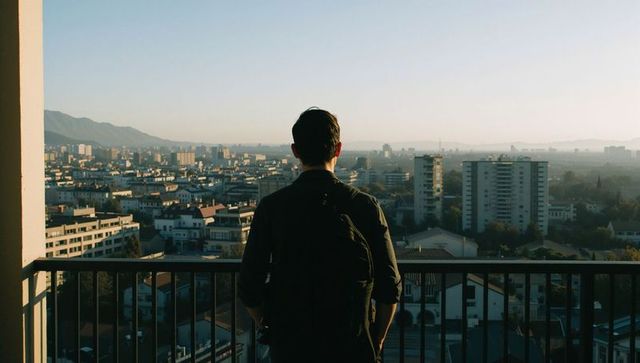 Young man standing on balcony overlooking expansive city skyline at golden hour