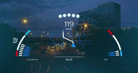 High-Tech Digital Speedometer Overlay with Cityscape - Download Free Stock Images Pikwizard.com