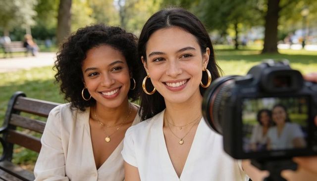 Smiling friends posing for dslr selfie on park bench wearing gold hoop earrings and blouses