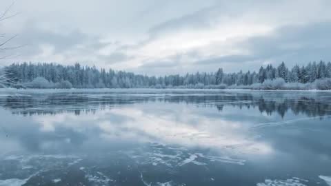 Cinematic drone footage capturing partly frozen lake reflecting cloudy winter sky and snowy treeline
