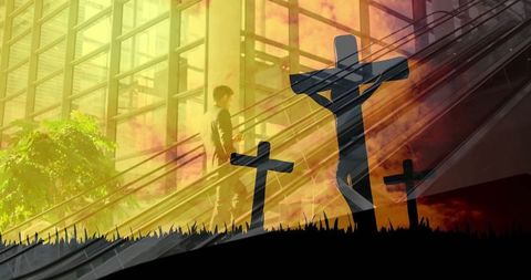 Man on Escalator in Modern Atrium with Overlay of Crosses and Rays of Light