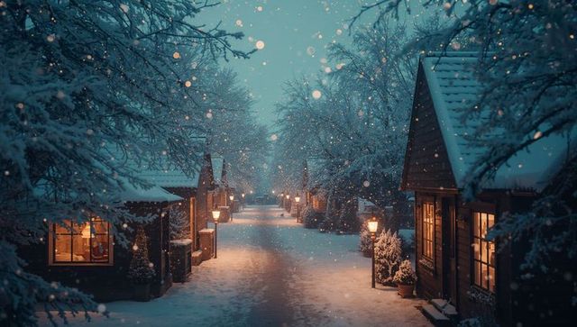 Scenic Winter Pathway Through Quaint Snowy Village