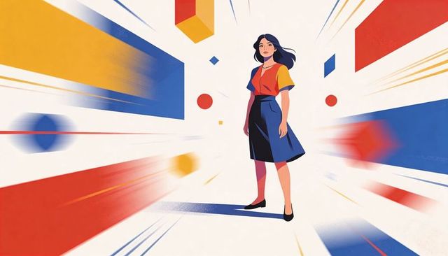 Confident woman standing amid bold geometric motion streaks in color-block outfit