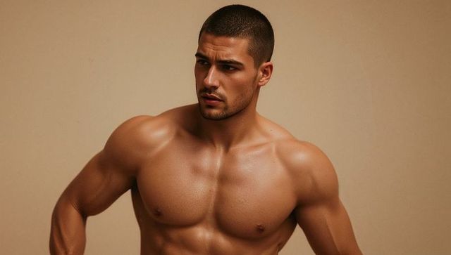 Muscular shirtless male model posing with sculpted torso on neutral beige background