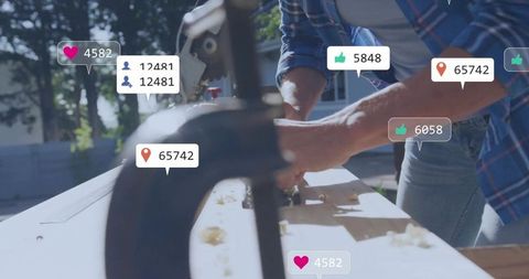 Crafting content: woman planing wood outdoors with social media notifications overlay