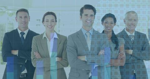 Standing executive team crossing arms and smiling with digital analytics overlay