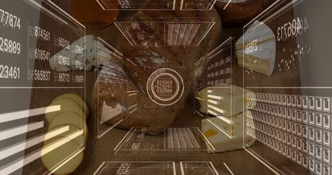Rusted industrial chamber with holographic hud displaying data readouts and grids