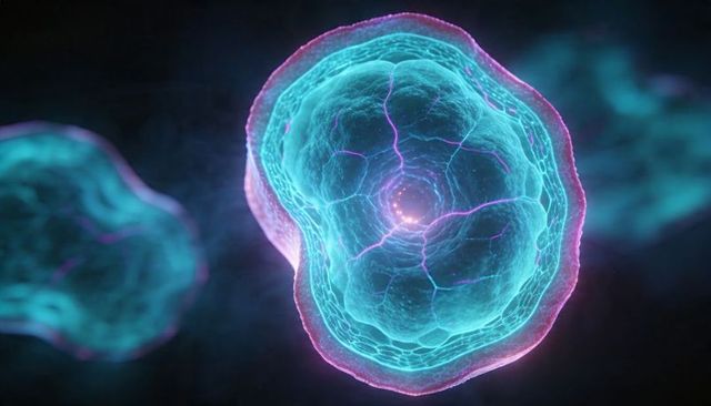 Drifting glowing cell with mesh interior and bright core, biomedical microscopy