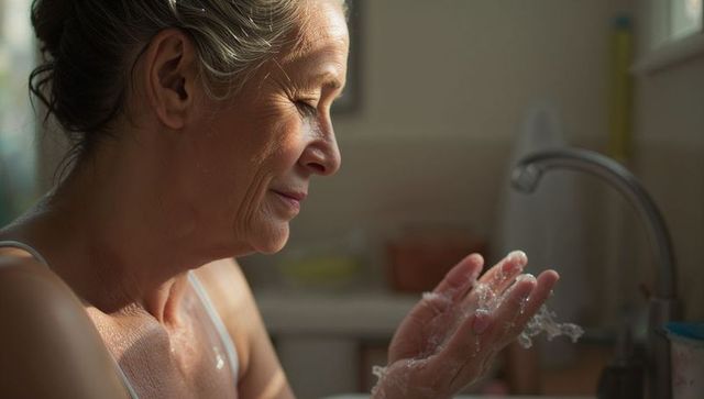 Senior woman washing hands at kitchen sink catching running water in soft morning light
