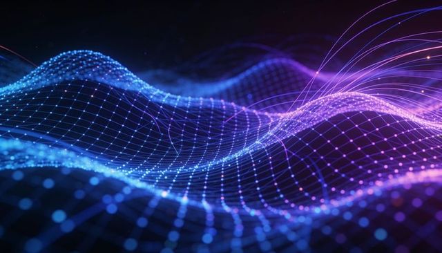 Flowing neon wireframe grid undulating across digital landscape with glowing nodes