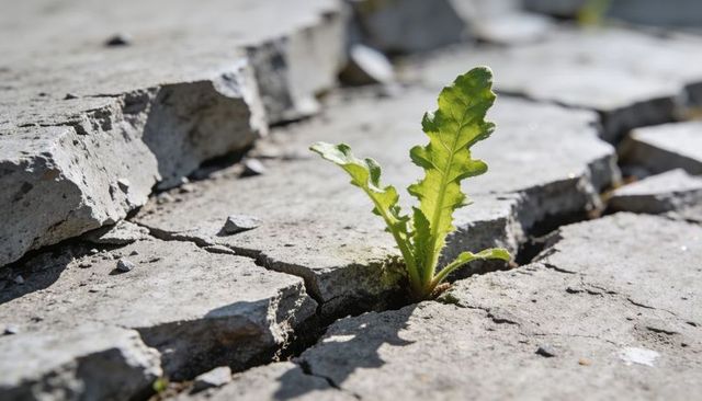 Green seedling pushing through cracked concrete slab in urban sunlight