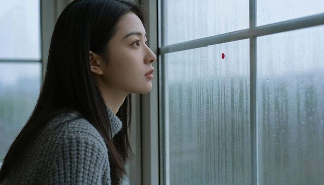 Gazing woman at rain-streaked window, contemplative side profile, gray knit sweater
