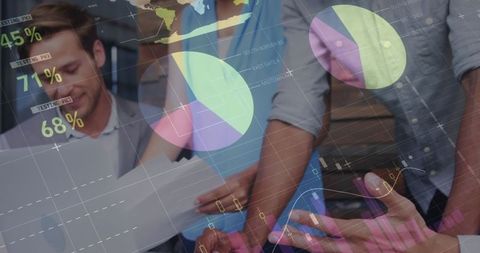 Team Analyzing Data with Digital Overlays in Modern Office