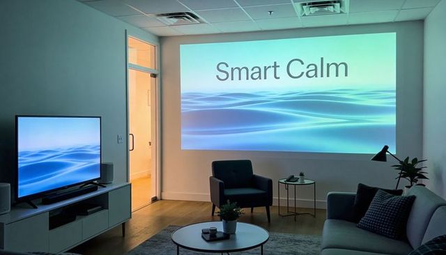 Smart calm projection showing blue wave graphic in modern office lounge for wellness presentations
