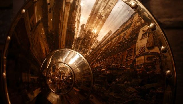 Brass convex mirror reflecting sunlit historic street, antique shop patina and rivets