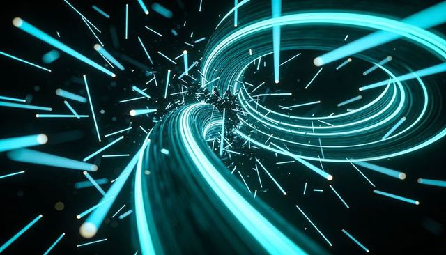Cyan neon vortex tunnel with spiraling light ribbons and dynamic particle trails for tech