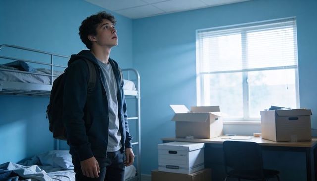 Teenage student inspecting dorm ceiling in blue room with backpack, bunk bed, boxes