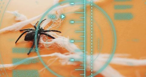 Macro black spider resting on frayed white fibers with teal hud overlay on orange backdrop