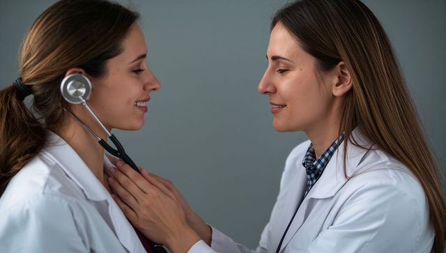 Female doctors performing stethoscope examination showing trust and clinical teamwork in clinic
